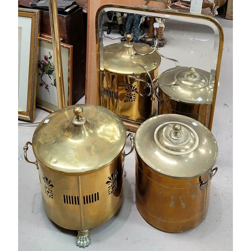 84 - A brass standard lamp; a mirror firescreen; 2 coal bins; pewter mugs