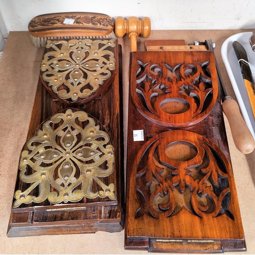 85 - A carved stool, a brass 2 division letter rack; a pierced bookrack; etc.