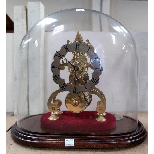 90 - A modern skeleton clock with single train, under glass dome (29 x 30 x 15cm deep. high & wide)
