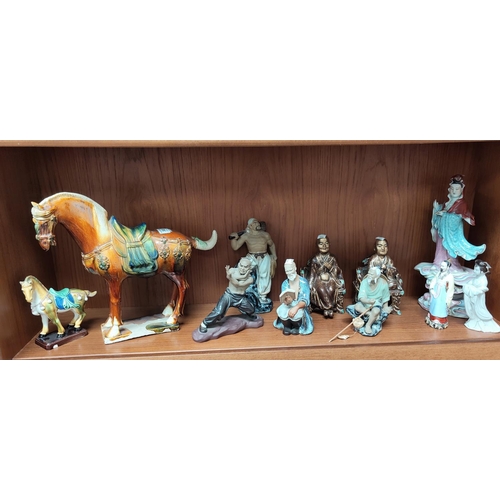 345 - A selection of 20th century Chinese ceramic figures including immortals, martial artist, Tang style ... 