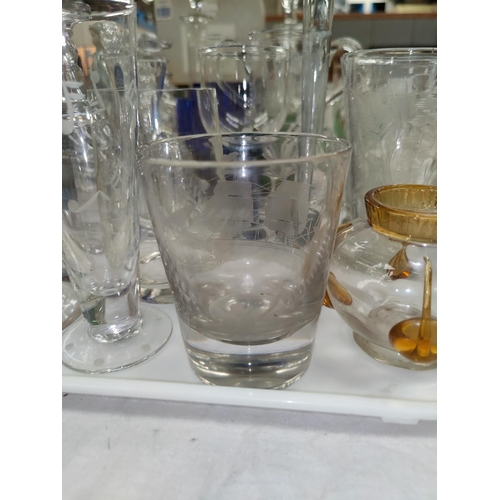 405 - Four decanters; 2 Bristol blue wines; various 19th century etched glasses; etc.