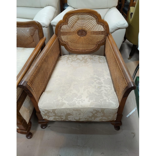 756 - A 1930's 3 piece bergère drawing room suite with walnut frame comprising 3 seater settee and a pair ... 