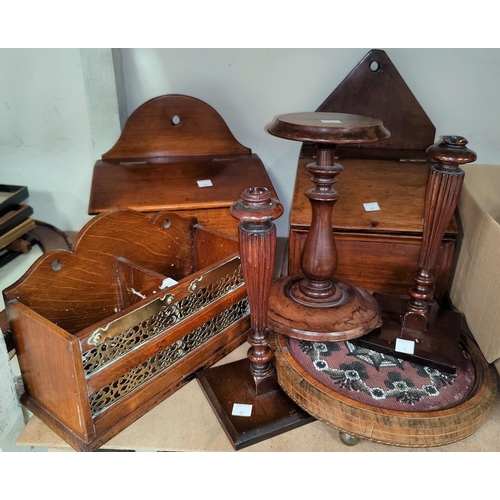 92 - Two mahogany wall hanging candle boxes; wooden candlesticks; etc.