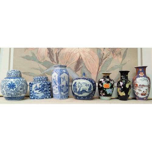 350 - Two modern Chinese famille noir vases, a modern Chinese blue and white ginger jar, other similar ite... 