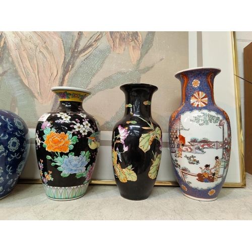 350 - Two modern Chinese famille noir vases, a modern Chinese blue and white ginger jar, other similar ite... 