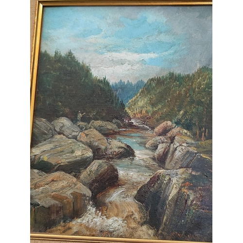 630 - S Wagstaff (British 19th Century):  oil on canvas, mountain stream with fisherman, signed, 24 x 19 c... 