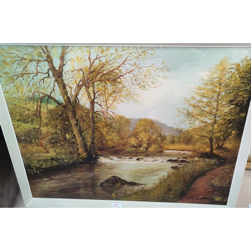 637 - R Orton:  River landscape, oil on board, signed, 5 x 74 cm, framed; 2 watercolours:  Stockport Viadu... 