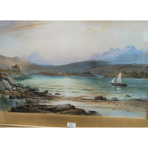 640 - R Cooper:  Loch scene with ruined castle, watercolour, signed, 42 x 64 cm, framed and glazed