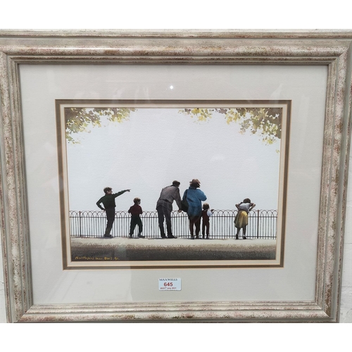 645 - Robert Littleford FRSA, BWS: watercolour family looking over railings, 26x35cm signed dated, framed ... 