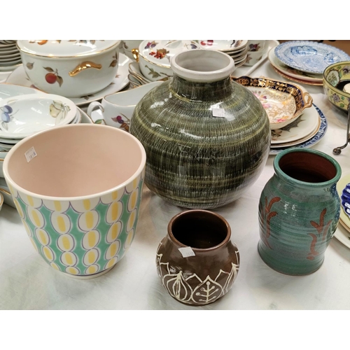 383A - A 1950's Poole jardiniere, a large spherical RYE pottery vase and other Studio pottery