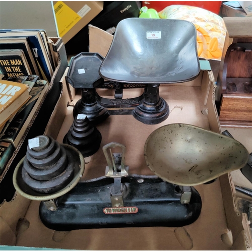 19 - Two vintage sets of kitchen scales; and another; 2 sets of weights
