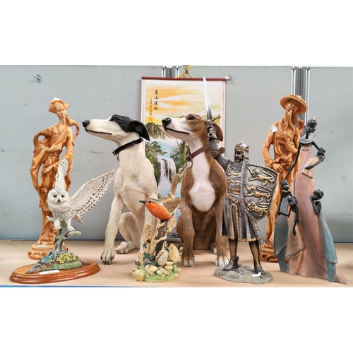 4 - A selection of decorative resin figures:  2 dogs; 2 birds; knight in armour; etc.