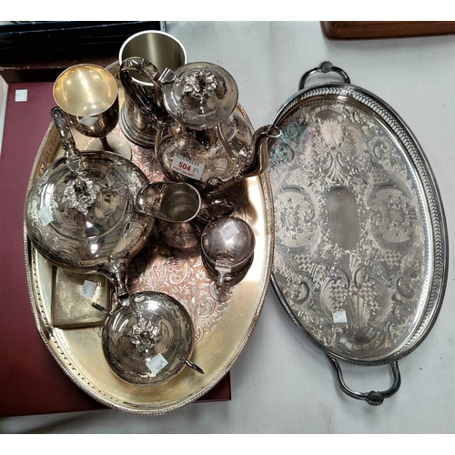 504a - A Victorian style silver plated 4 piece tea set and gallery tray; etc.