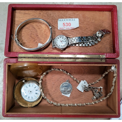 530 - A ladies white metal pocket watch with enamel dial (needs restoration); a ladies Timex watch; silver... 