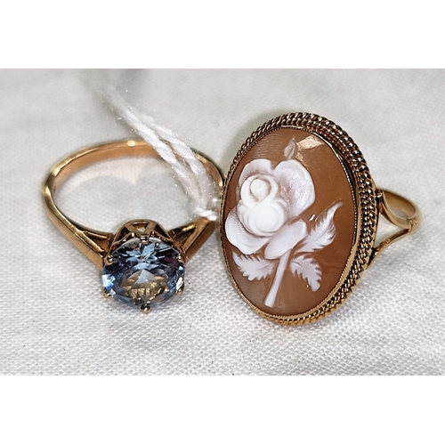 584 - A 9 carat hallmarked gold rose cameo ring, size M/N; a 9 carat hallmarked gold ring set blue stone, ... 