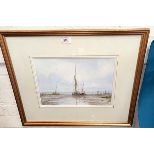 649 - Alan Whitehead:  Beached fishing boats, watercolour, signed, 24 x 34 cm, framed and glazed