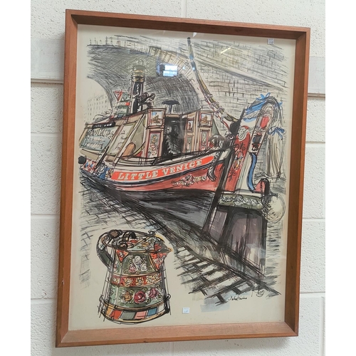 650B - After John Finnie: Little Venice, mid 20th century Lithograph of Canal Barge,  82cm x 62cm, framed &... 