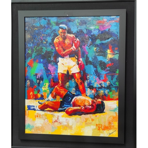 652 - Igor Semeko: 'Ali Over Liston' oil on canvas of Mohamed Ali, signed and framed certificate en verso ... 