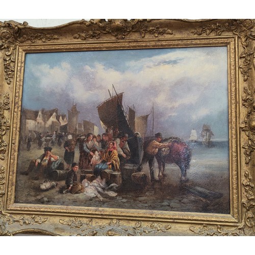 641 - 19th Century:  Fisherfolk landing the catch, oil on board, unsigned, 29 x 39 cm, framed