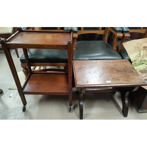 796 - An antique mahogany country made table/ single bench; An oak tea trolley