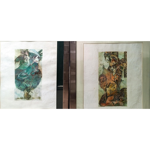 653 - Shulima (Russian 20th Century): pair of mixed media coloured etchings with embossed borders, 'Magic ... 