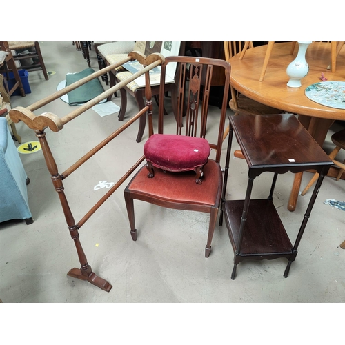 690 - An Edwardian mahogany towel rail; an inlaid bedroom chair; a 2 tier occasional table with rectangula... 