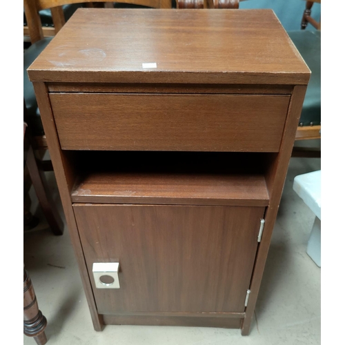701 - A 1960's bedside cabinet; a small 2 height display cabinet; 5 1960's stools