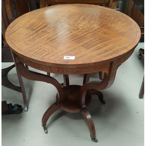 705 - A circular Edwardian mahogany occasional table with extensive inlaid decoration on 4 square legs and... 