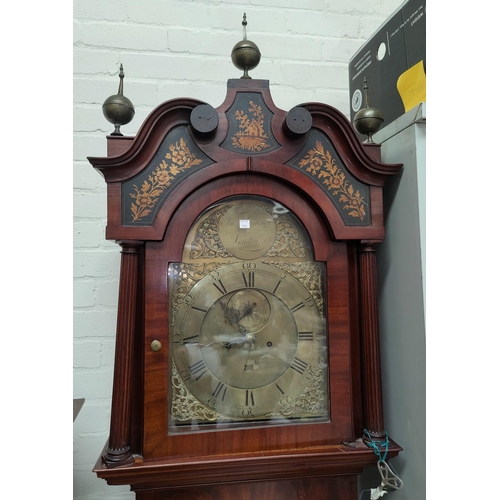719 - A Georgian mahogany longcase clock by Jn Strange, London, with 3 ball finials, swan neck pediment, j... 