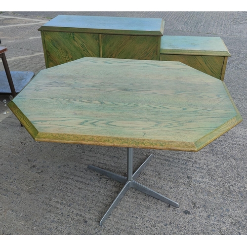 797 - An unusual modern dining suite comprising oak pedestal table with a green wash and a brushed metal p... 