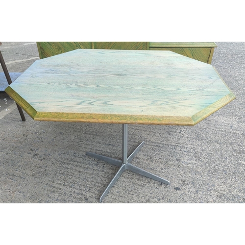 797 - An unusual modern dining suite comprising oak pedestal table with a green wash and a brushed metal p... 