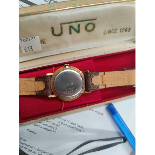 613 - A 1960's gents Swiss made Uno hand wound wrist watch in original box
gold plate and steel, winds and... 
