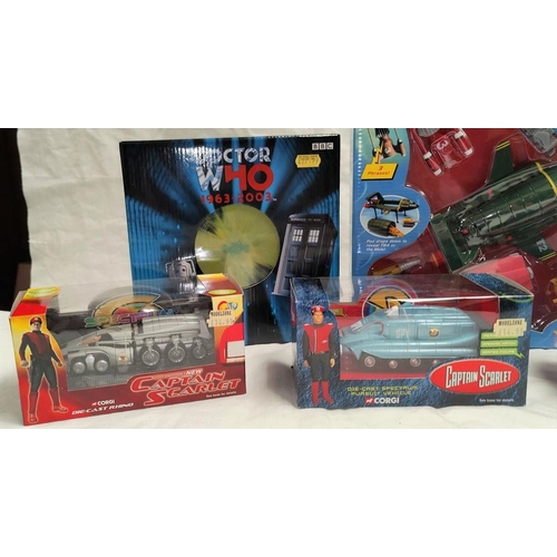 292 - A boxed Soundrech Thunderbirds 6 vehicle super set, three Corgi Captain Scarlett vehicles and a Corg... 