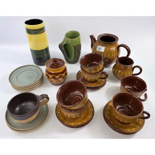 352 - Tea service with slipware decoration and other glazed Studio pottery (teapot no lid)