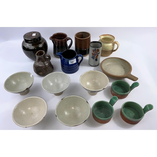 353 - A blue glazed Brannam pottery jug; A Bretby vase; a Christopher Lewis stoneware vase and other Studi... 