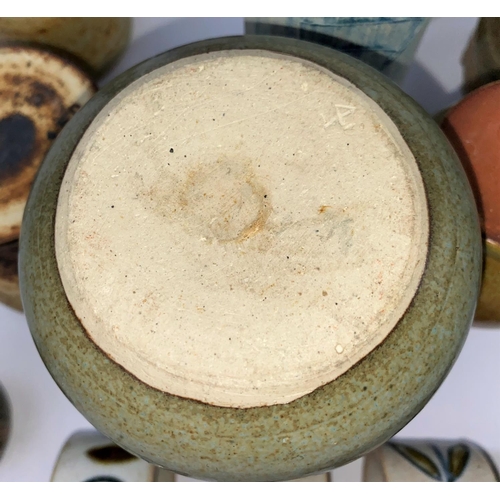 357 - A selection of small Stoneware studio pottery vases etc, some with monograms