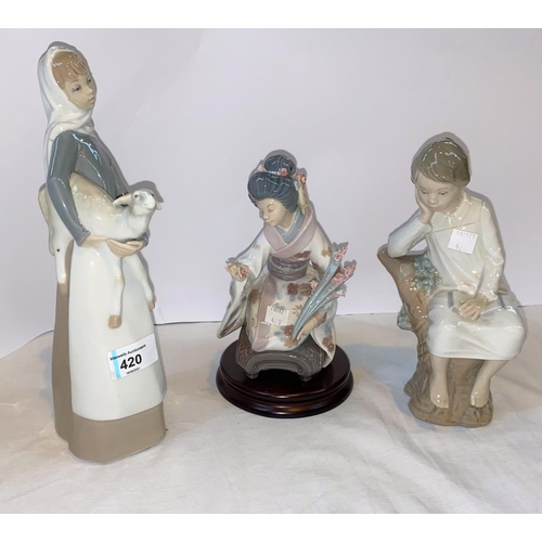 420 - A Lladro figure of a Japanese girl (flower stem a.f) and two other Lladro figures