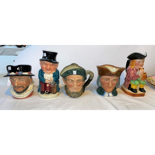 421 - Three Royal Doulton character jugs:  Vicar of Bray; Beefeater & Auld Mac; 2 Toby jugs