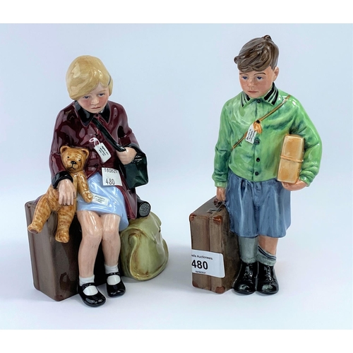 480 - Three Royal Doulton figures:  Girl Evacuee, HN 3203 & Boy Evacuee, HN 3202; The Carpet Seller, HN 14... 