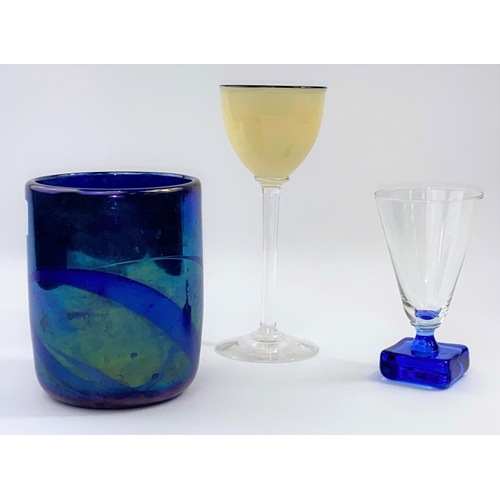 482 - A set of six Manchester opaque tall stem hock glasses, four blue square base glasses other drinking ... 