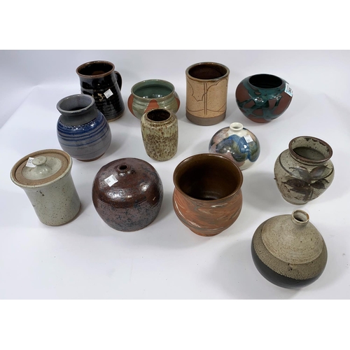 363 - 12 various glazed and unglazed stoneware Studio pottery vases some monogrammed