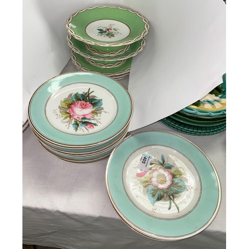 405 - A set of 11 19th century turquoise border hand-painted dessert plates; a similar 5 piece part desser... 