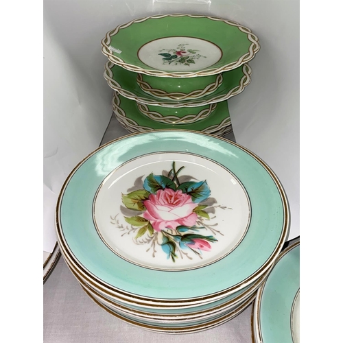 405 - A set of 11 19th century turquoise border hand-painted dessert plates; a similar 5 piece part desser... 