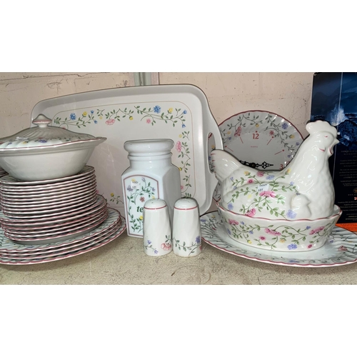 481 - A Johnsons Summer Chintz part dinner/tea service, 72 pieces approx; a chicken egg box; a wall clock;... 