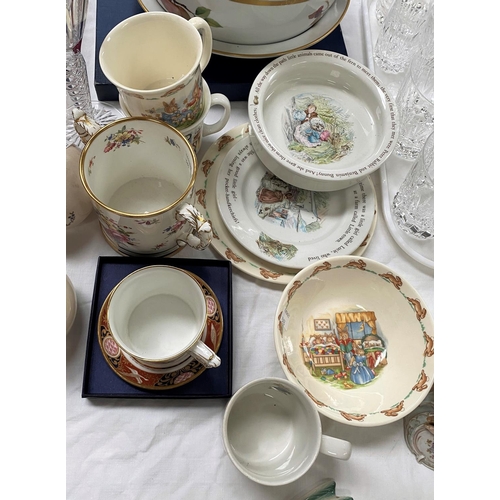 383 - 9 pieces of Bunnykins and other children's pottery; a boxed Aynsley plate; a commemorative loving cu... 