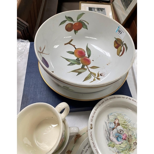 383 - 9 pieces of Bunnykins and other children's pottery; a boxed Aynsley plate; a commemorative loving cu... 