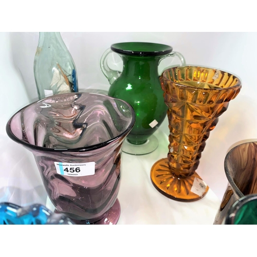 456 - A Mdina style glass vase; a Vasart bowl (a.f.); a Murano clown; coloured glassware