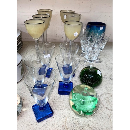 482 - A set of six Manchester opaque tall stem hock glasses, four blue square base glasses other drinking ... 