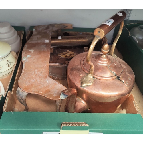 10 - A large copper kettle height 33cm, a copper trivet and a large scale etc