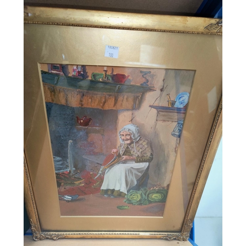 100 - 19th century oil painting on card:  old lady in cottage with bellows, signed indistinctly, framed an... 